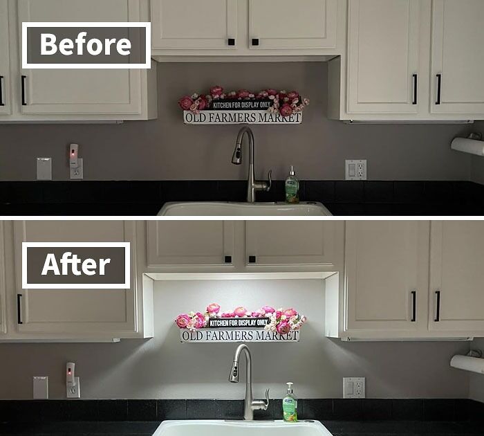 Before and after kitchen sign decor with enhanced lighting, focusing on biggest discounts for Amazon winter deals.