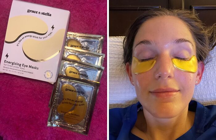 Energizing eye masks on sale at Amazon winter deals, featuring packaging and person using the product on their eyes.