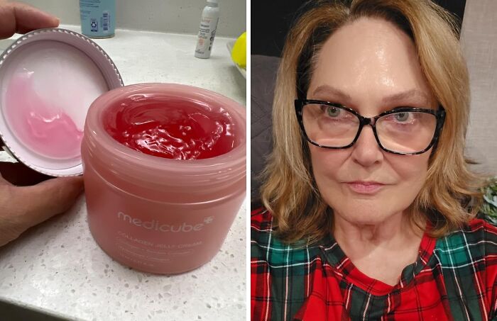 Amazon winter deals featuring skincare cream and a woman wearing glasses in a plaid shirt.