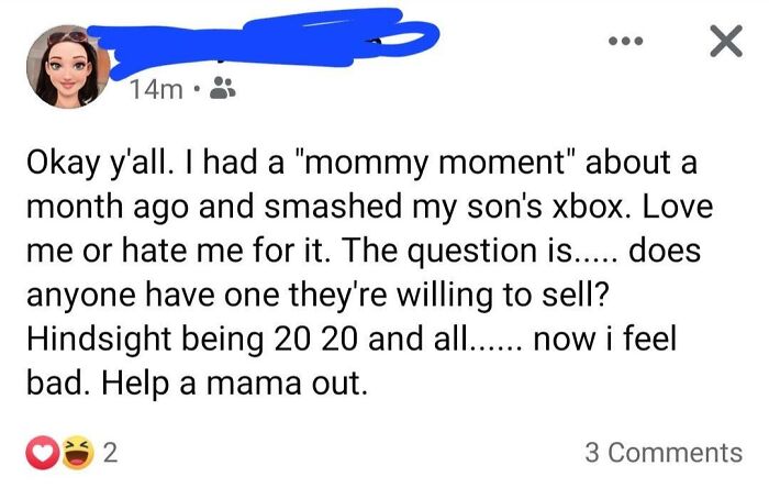 Social media post about a parent regretting smashing a child's Xbox, asking community for help to find a replacement.