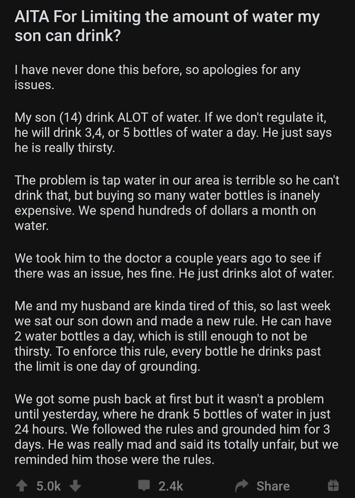 Text screenshot discussing water consumption limits for a teenage son due to costly bottled water; related to ignorant-parents.