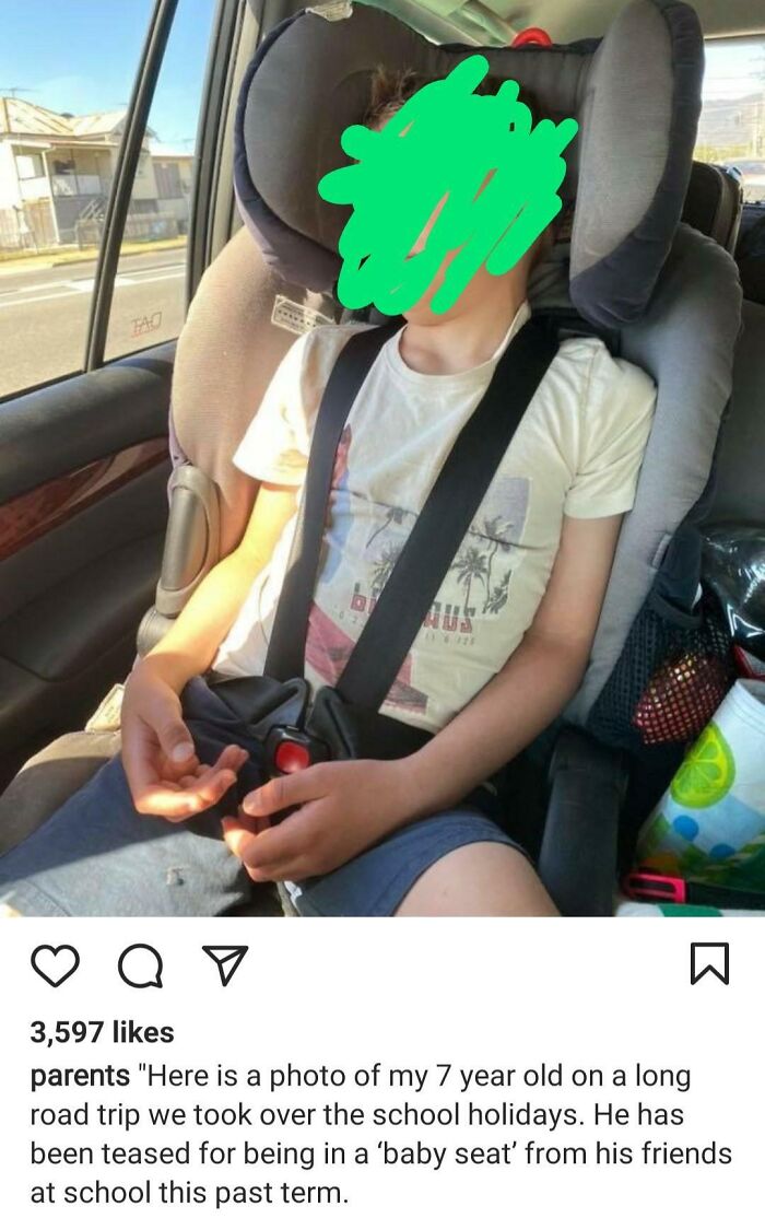 Child in a car seat during a road trip, highlighting issues with ignorant-parent perceptions.