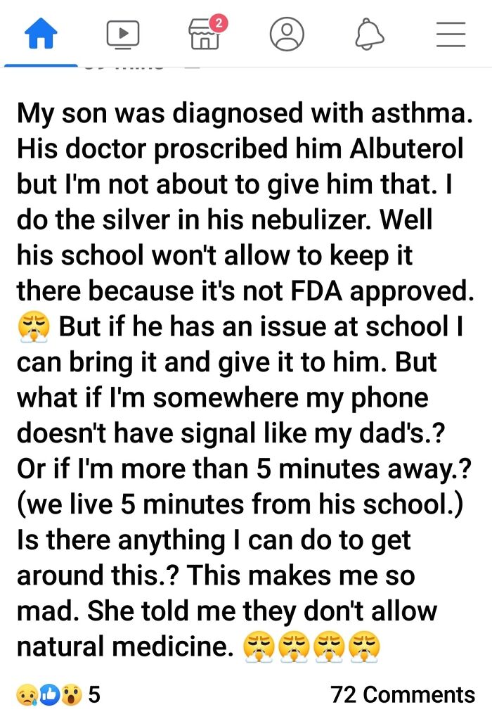 Text post discussing asthma treatment decisions by a parent, mentioning FDA restrictions and natural medicine concerns.