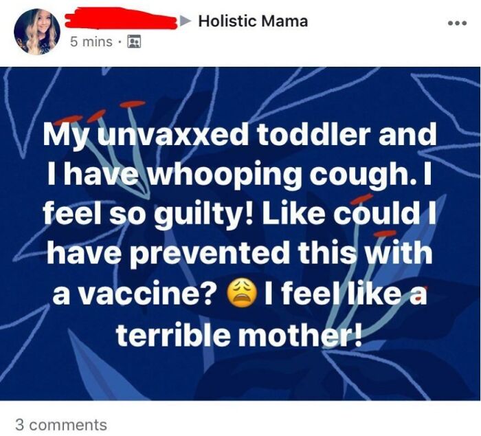 Social media post expressing regret about whooping cough and vaccines; linked to ignorant-parents theme.