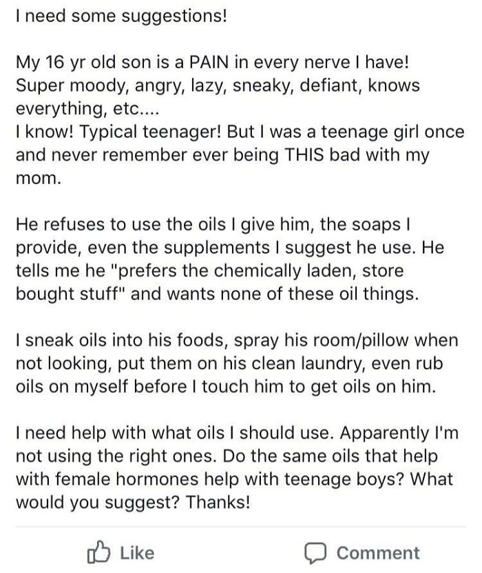 Social media post discussing challenges faced by ignorant parents with a moody teenage son and essential oils.