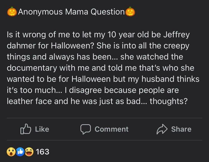 Social media post discussing a parent's Halloween costume dilemma, referencing ignorant-parents.