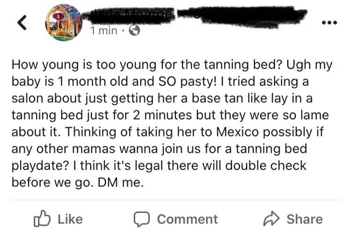 Facebook post discussing confusing parenting decisions about taking a baby to a tanning salon for a quick tan.