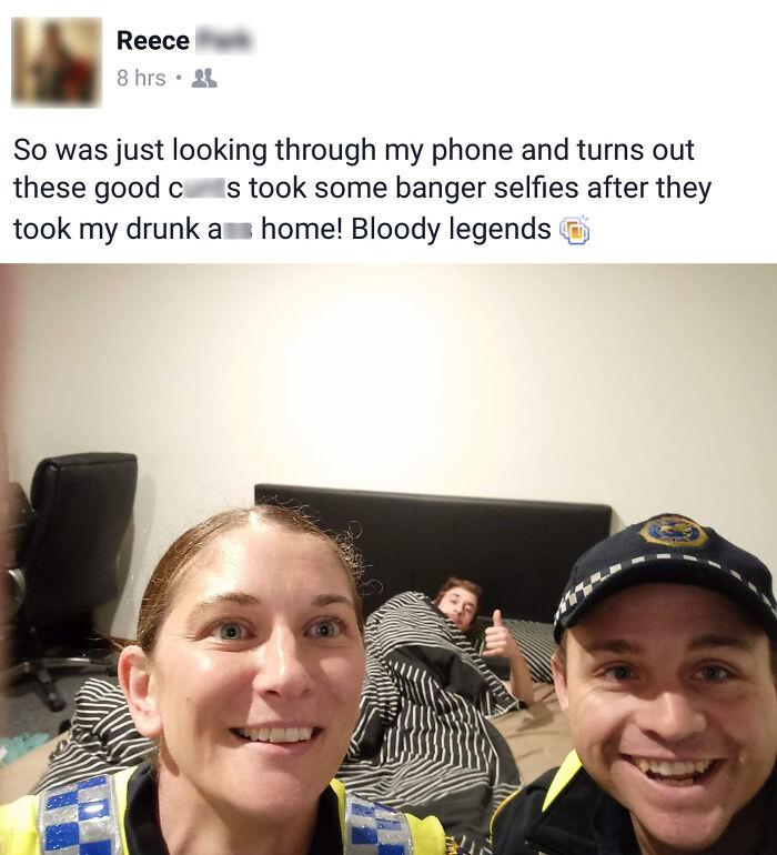 Police officers and a person in bed smiling, capturing a funny-camera-roll moment.