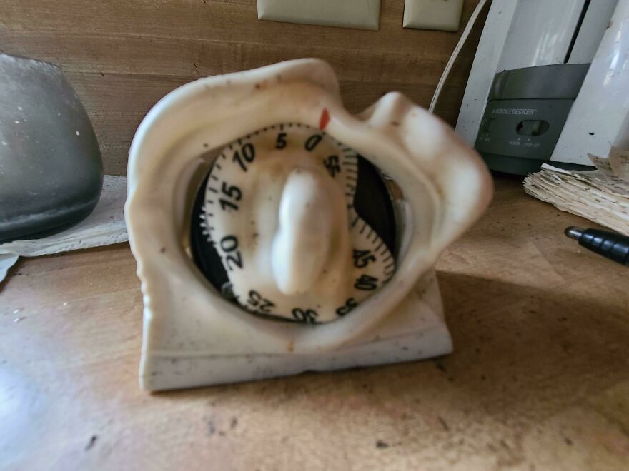 Abstract kitchen timer resembling a human ear, exemplifying accidental art.