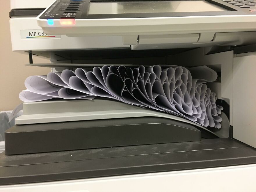 Stack of paper curled inside a copier, creating an accidental art pattern.