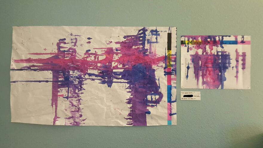 Vibrant accidental art pics featuring abstract purple and pink paint patterns on a wall.