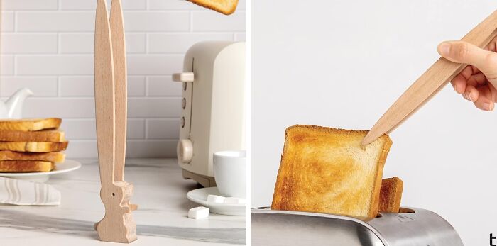 Wooden toast tongs in use with a toaster, a quirky kitchen item that works well.