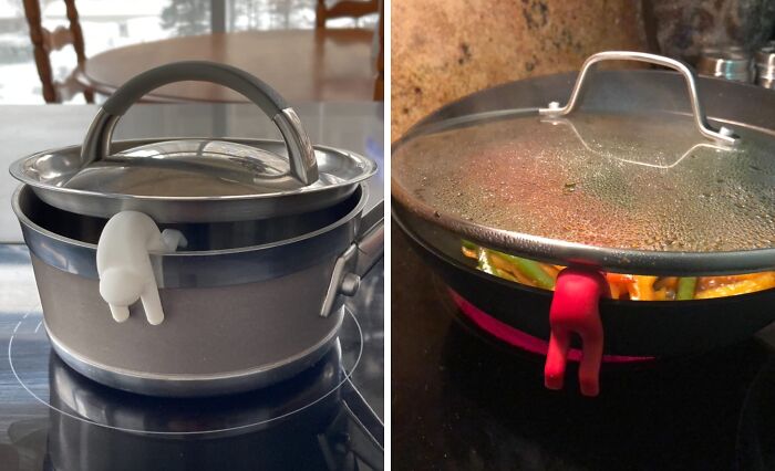 Weird kitchen items keep pot lids open using playful silicone figures.