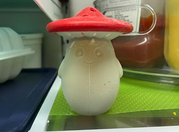 Weird kitchen item shaped like a mushroom with a smiling face, sitting on a shelf next to jars.