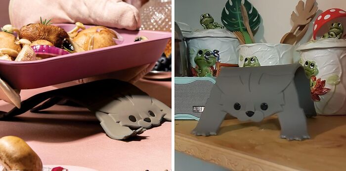 Unusual hedgehog kitchen items holding trays, showcasing weird but effective kitchen tools.