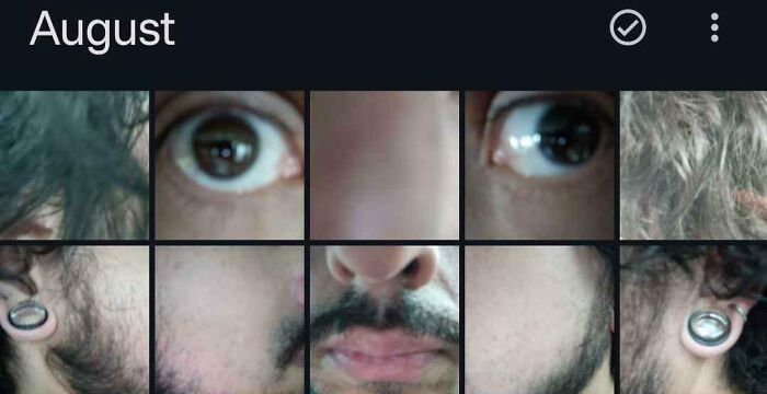 Close-up of a person's face split into nine funny-camera-roll-finds, showing eyes, nose, mouth, and earlobe with a gauge.