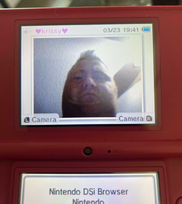 A funny camera roll find showing an amusing, distorted selfie on a Nintendo DSi screen.