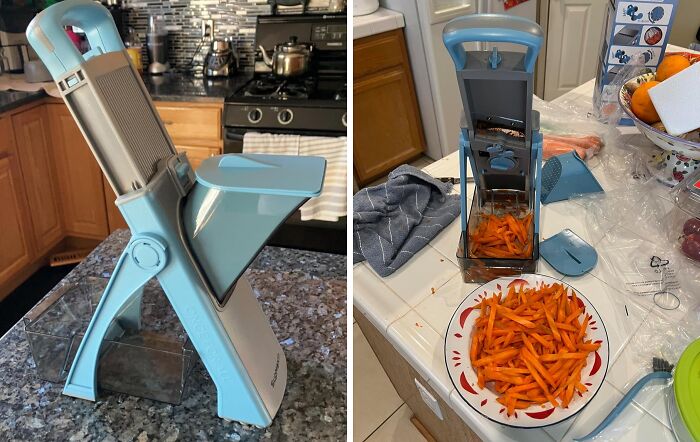 Blue kitchen slicer chopping carrots, showcasing a neat, Less-Mess 2025 solution on a kitchen counter.