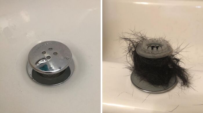 Shower drain before and after showing reduced hair blockage, demonstrating Less-Mess-2025 efficiency.