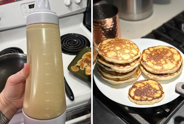 Squeeze bottle of pancake batter and stack of pancakes on a plate for a Less-Mess-2025 breakfast.