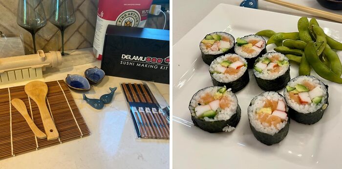 Sushi making kit and prepared sushi rolls with edamame, showcasing a less-mess process.