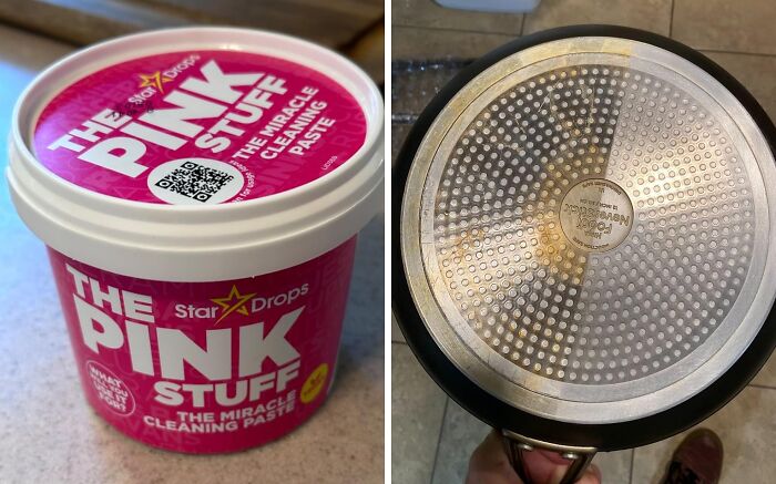 Cleaning paste "The Pink Stuff" next to a shiny, cleaned pot base, illustrating a less-mess solution.