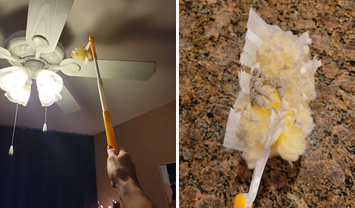 Cleaning ceiling fan with duster, Less-Mess-2025 solution, on left; dusty duster shown on right for comparison.