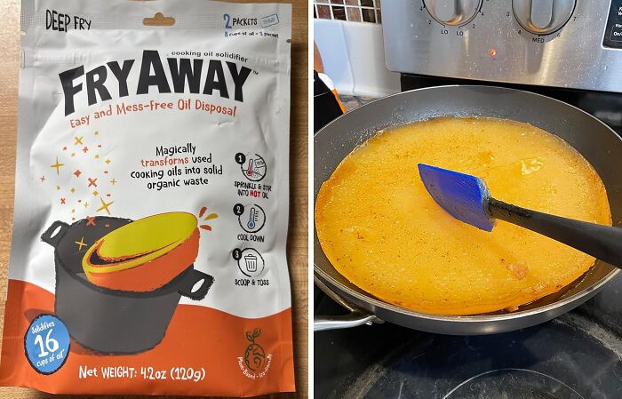 FryAway product packaging on the left and solidified cooking oil in a frying pan on the right, demonstrating less-mess oil disposal.