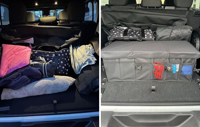 Before and after image of a car trunk, showcasing a neat and organized space for Less-Mess-2025.