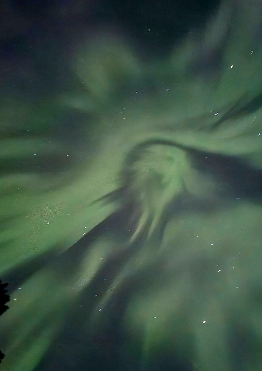 Ethereal green light pattern resembling a face in the night sky, an example of accidental art pics.