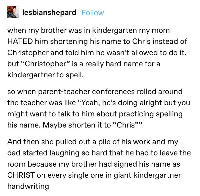 Text post about a kid's funny name spelling mishap in kindergarten.