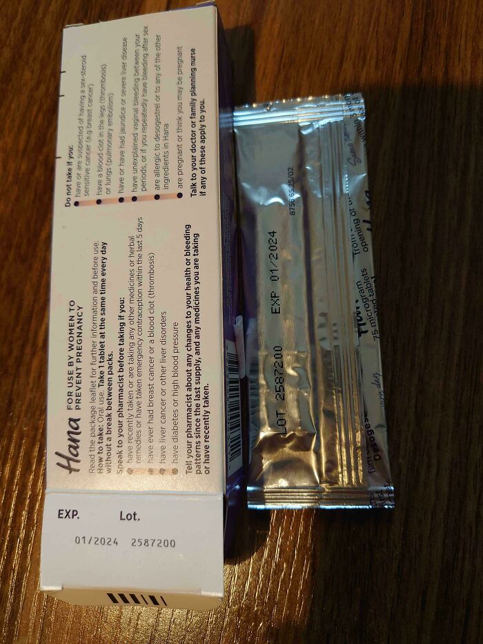 Pharmacy box and foil packet displaying expiration date and lot number on a wooden surface.