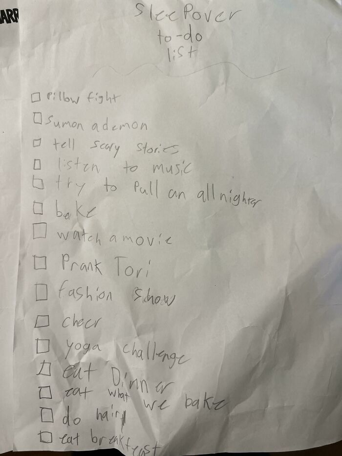 Handwritten sleepover to-do list by hilarious kids, including pillow fight and baking.