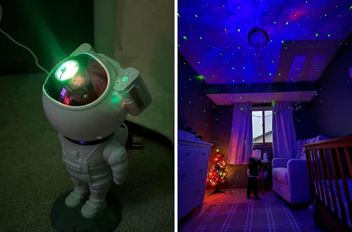 Astronaut projector and starry lights creating a cozy atmosphere indoors.