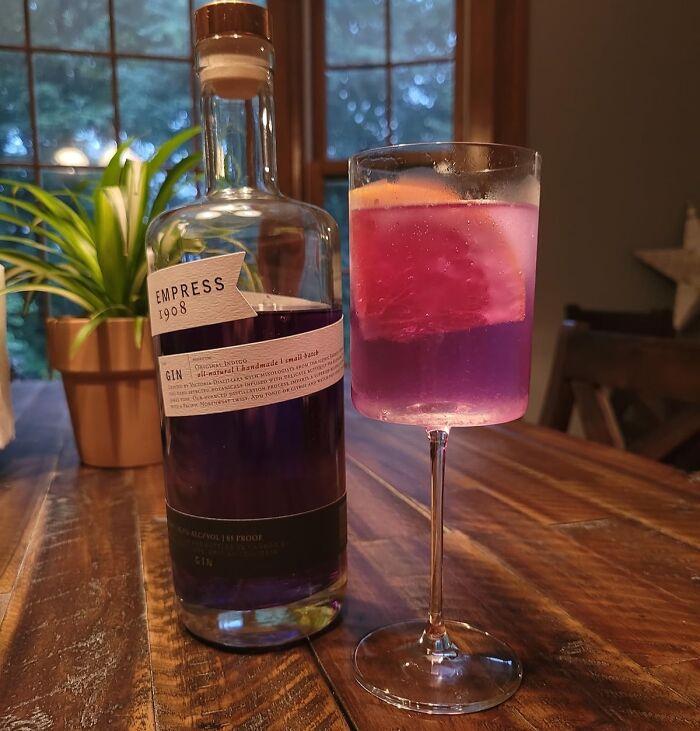 A glass of purple gin cocktail with lemon, cozy indoor setting, Empress 1908 bottle, and a plant nearby.