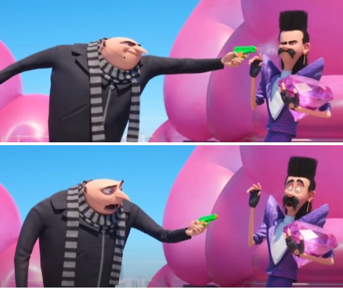 In Despicable Me 3 (2017) After Loosing His Signature Freeze Gun, Gru Pulls Out A Water Pistol And Sprays Bratt In The Face