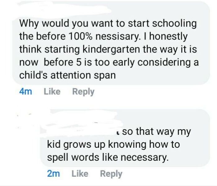 Screenshot of a humorous online exchange highlighting typographical errors by ignorant parents discussing early schooling.