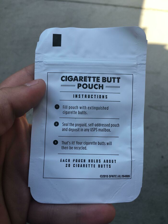 Cigarette butt pouch for recycling, held in hand, with instructions visible, showcasing cool products with surprises.