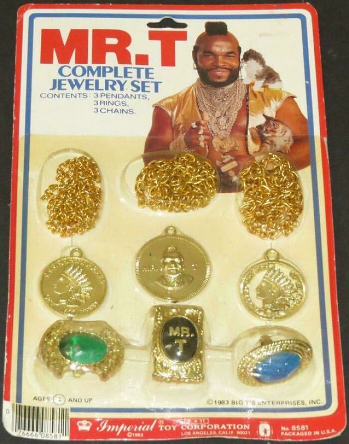 80s Nostalgia: Vintage Mr. T jewelry set with gold chains and rings on original packaging.