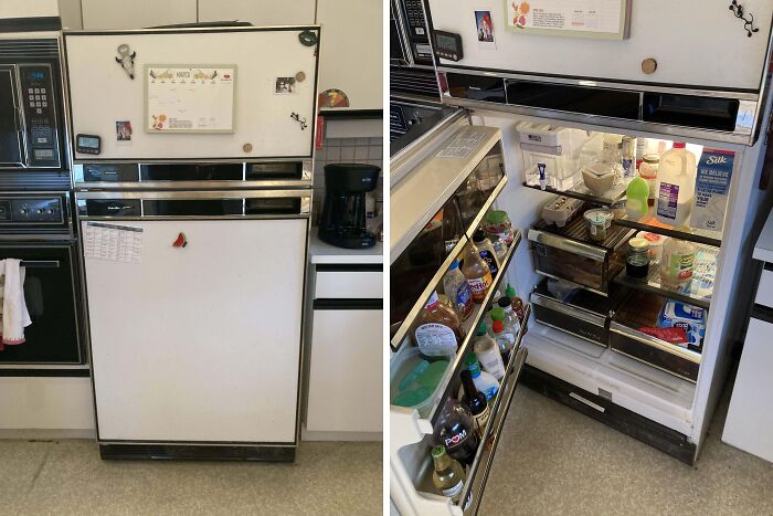 Vintage 80s refrigerator with magnets and open view displaying assorted food items, evoking nostalgia.