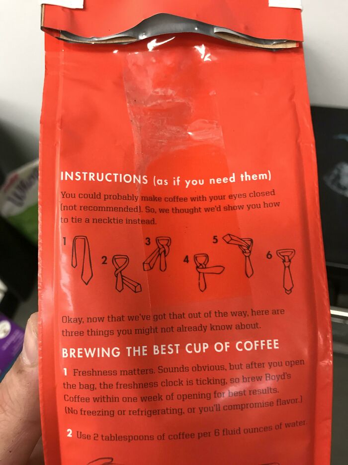 Coffee package with surprise necktie instructions and brewing tips, aligning with cool products theme.