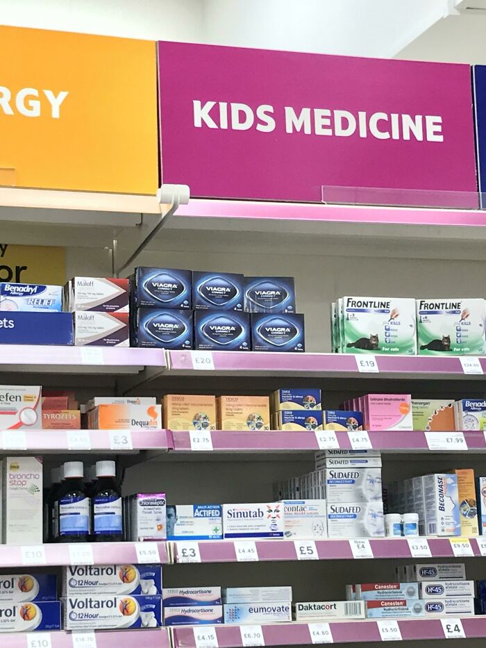 Pharmacy shelf displaying adult medicine incorrectly placed under kids medicine section.