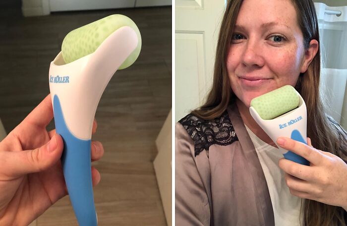 Woman using an ice roller on her face, a perfect treasure to reward yourself after a busy day.