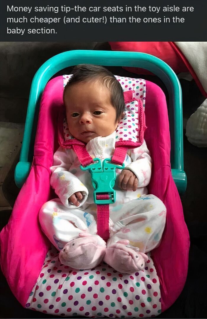 Baby in a toy aisle car seat, highlighting a cost-saving tip related to ignorant-parents.