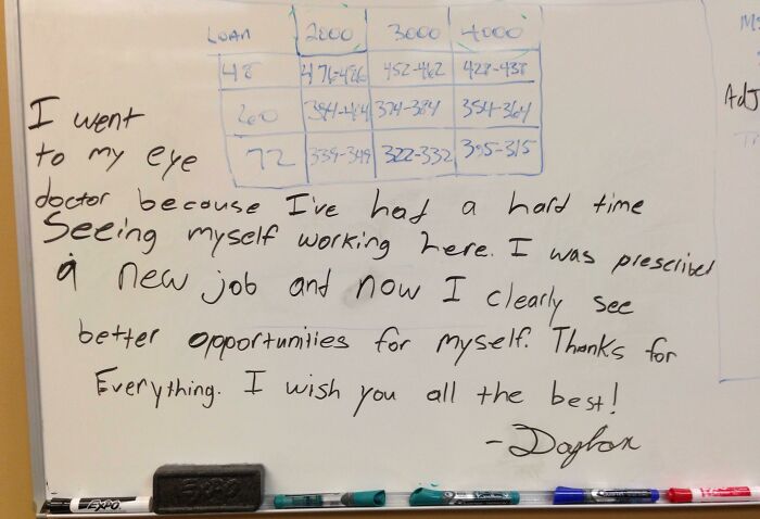 A whiteboard message about leaving a job, expressing gratitude and finding new opportunities.