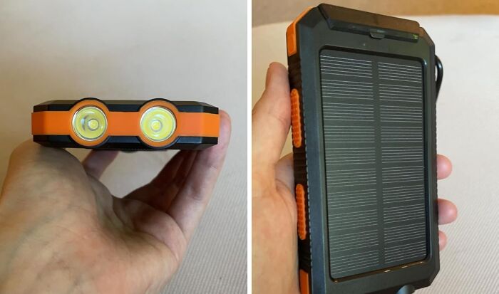 A hand holding a compact solar-powered charger with dual flashlight, showcasing innovative gadgets for 2025.