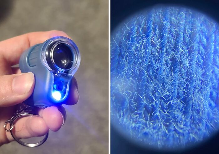 Hand holding innovative gadget with blue light, showcasing fabric fibers through a digital microscope.