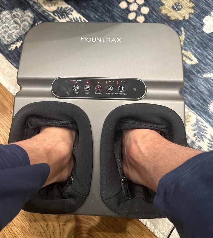 Feet in Mountrax foot massager, showcasing one of the best gadgets for 2025.