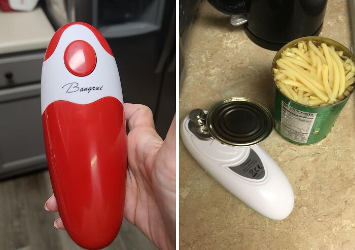 Red and white electronic can opener in hand with a can of beans opened by a gadget on a countertop.