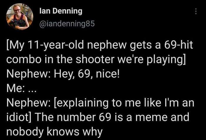 Screenshot of a tweet about a funny conversation with a nephew explaining the number 69 as a meme.